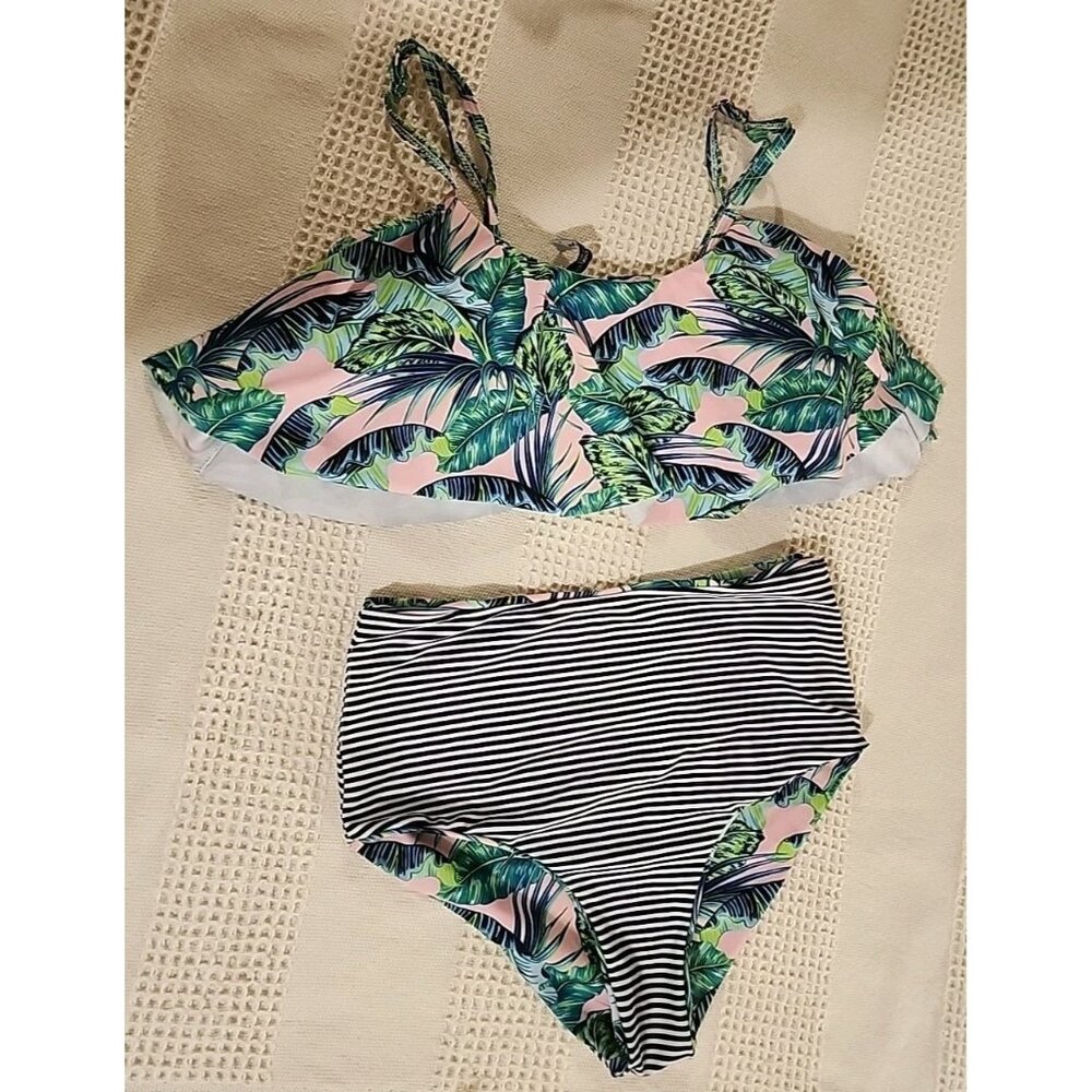 Tropical Bikini Swimsuit Set Womens Sz S  Reversable High Waisted Bottoms EUC